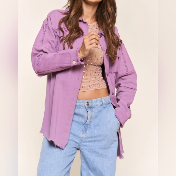 #22884 🚨 SALE 🛑S  OVERSIZED LAVENDER ROCK & ROLL DENIM SHIRT JACKET - Picture 9 of 16